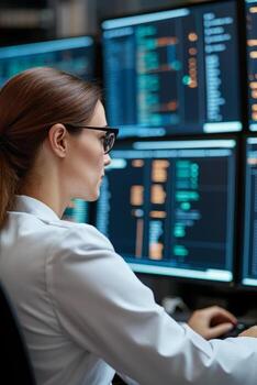 Business analytics and data science for risk management. Professional analyzing data on multiple screens in a tech environment. photo