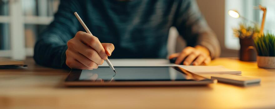 Remote work with flexibility and freedom. A person drawing on a tablet at a cozy workspace. photo