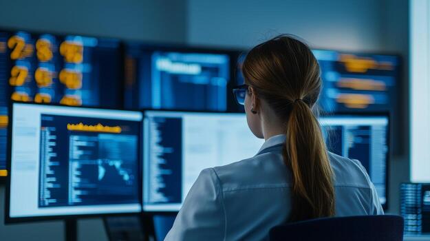 Business analytics and data science with predictive insights. Tech professional analyzing data on multiple monitors in a control center. photo