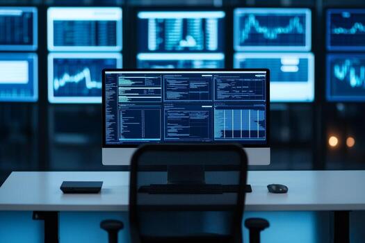 Business analytics and data science for risk management. Modern workspace with multiple screens displaying data analytics. photo