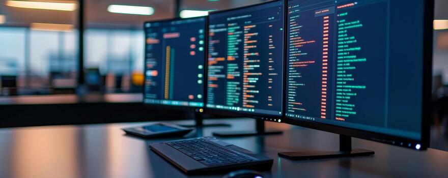 E-commerce marketing strategy for better conversion. Dual monitors displaying code in a modern tech workspace. photo