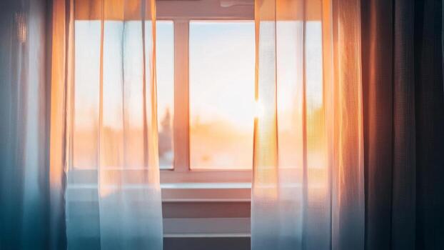 Fatigue fades with mental rest, recovery, and deep relaxation. Sunset view through sheer curtains in a cozy setting. photo