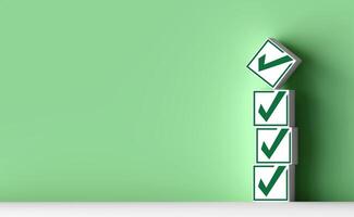 Check mark icon stacked on green background. checklist survey concept ,and evaluation Accreditation, quality assurance. with copy space and business design. photo