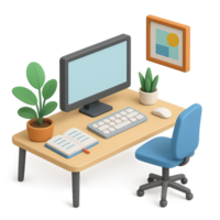 3D Isometric office workspace with plants and modern decor png