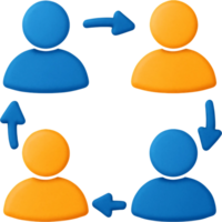 Four people are connected by arrows and a blue and orange person png