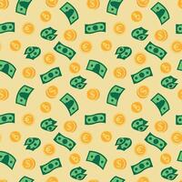 Seamless pattern with banknotes and coins. Design for fabric, textile, wallpaper, packaging vector