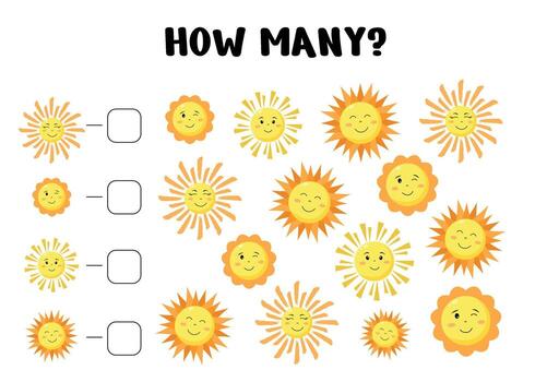 How many sun characters are there in the picture. Count the number of sun characters. Math game for children. Puzzle, educational game for children. vector