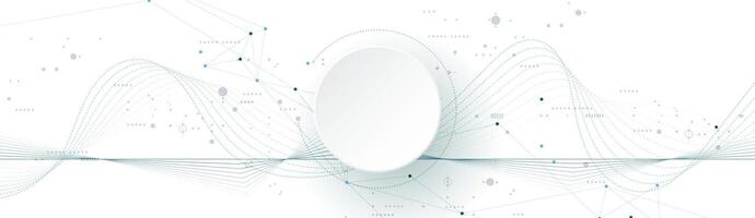 Illustration abstract modern technology. White circle, geometric shape, wave wireframe line pattern and circuit board on white - grey background. Technology concept for banner, template vector