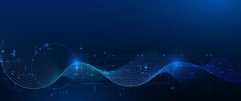 Abstract technology with molecule, Flowing dots particle wave flow line, wireframe and dot on blue background. Datum technology network, science, artificial intelligence concept vector