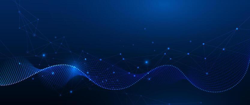 Abstract technology with molecule, Flowing dot particle wave flow line, wireframe and dot on blue background. Datum technology network, science, artificial intelligence concept vector