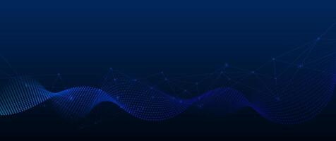 Abstract technology with molecule, Flowing dots particle wave flow line, wireframe and dot on blue background. vector