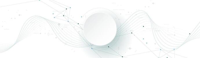 Abstract modern technology design. White circle, geometric shape, wave wireframe lines pattern and circuit board on white - grey background. vector