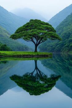 Lone tree reflected in calm water amidst serene mountains. Rain tree with oxygen concept. photo