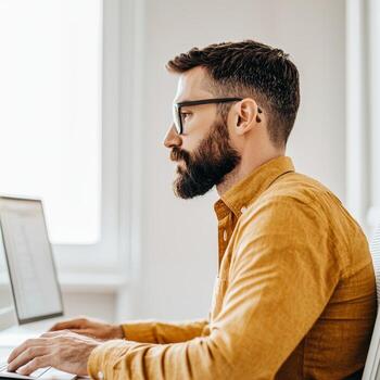 Focused man working on a laptop in a bright workspace. Remote work productivity workflow concept. photo