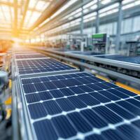 Solar panels on a production line in a bright factory setting. Sustainable manufacturing and carbon footprint concept. photo