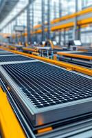 Industrial production line with focus on metal grid structures. Sustainable manufacturing and carbon footprint concept. photo