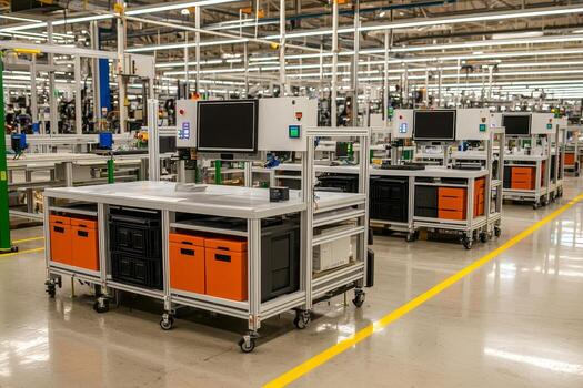 Modern factory interior with assembly tables and equipment. Industrial automation cyber-physical systems concept. photo