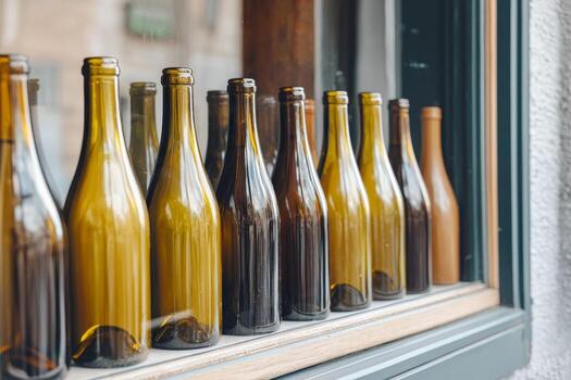 Bottles of various shapes and colors lined up on a windowsill. Home renovation upcycling concept. photo