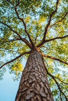 Tall tree viewed from below, showcasing its trunk and branches. Rain tree with oxygen concept. photo