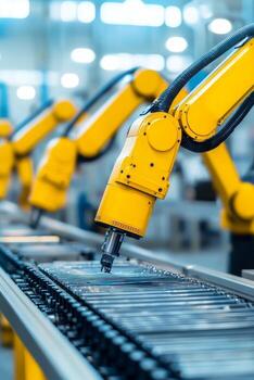 Automated robotic arm in a manufacturing facility. Industrial automation cyber-physical systems concept. photo