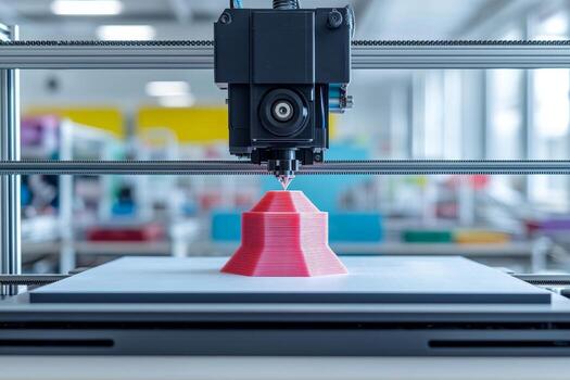 3D printer creating a red object in a modern workspace. STEM education growth concept. photo