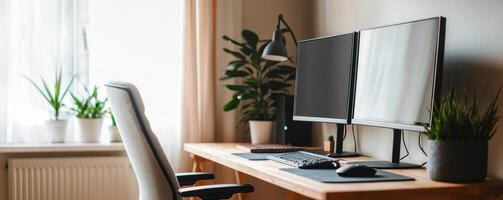 Modern home office with dual monitors and greenery decor. Remote work productivity workflow concept. photo