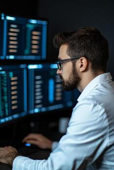 Focused man coding at computer screens in a dimly lit environment. photo