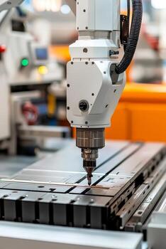 Robotic arm operating a precision milling machine in a workshop. photo