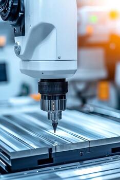 Industrial CNC machine with a precision drill hovering over a workpiece. photo