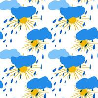 Seamless pattern of yellow sun and clouds of different shades of blue with raindrops in children's style hand drawn for posters, cards, stickers. Seamless on pastel soft blue background vector
