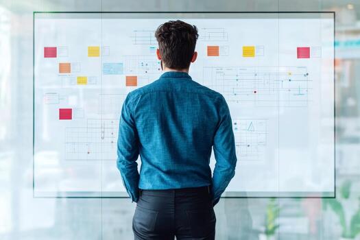 Person analyzing data on a transparent display board. photo
