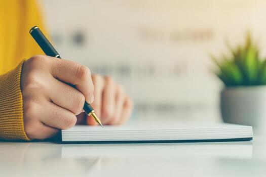 Writing in a notebook with a pen on a desk space. photo