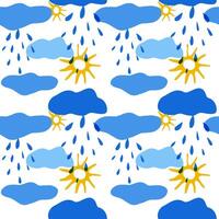 Seamless pattern of yellow sun and clouds of different shades of blue with raindrops in children's style hand drawn for posters, cards, stickers. Illustration on pastel soft blue background vector