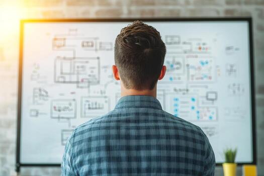 Man observing a flowchart on a whiteboard in a modern workspace. photo