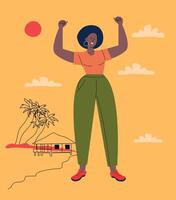 Joyful Afro Girl on Beach. Summer Vibes, Palm Trees and Sea Hut. Illustration. Trendy design for travel blog, postcard, fashion magazine, mobile app, social media, and poster. vector