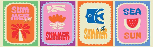 Summer vibe. Summer art illustration of postage stamp with beach, sea, sun, flowers, wave, fruits for poster, card, background, invitation, print, icon or flyer. vector