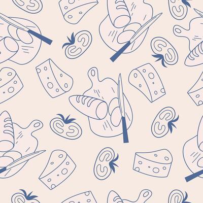 La dolce vita doodles seamless pattern with bread and cheese. Blue on light beige illustration of italian style hand drawn posters. Wall art prints decor for invitations, menus design.