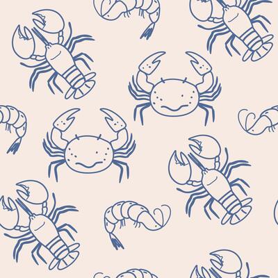 La dolce vita doodles seamless pattern with shrimp, crabs, lobsters. Blue on light beige illustration of italian style hand drawn posters. Wall art prints decor for invitations, menus design.