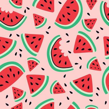 Watermelon summer pattern on pink background. Simple seamless pattern with watermelon slices. Design for greeting card and invitation of seasonal summer holiday. vector