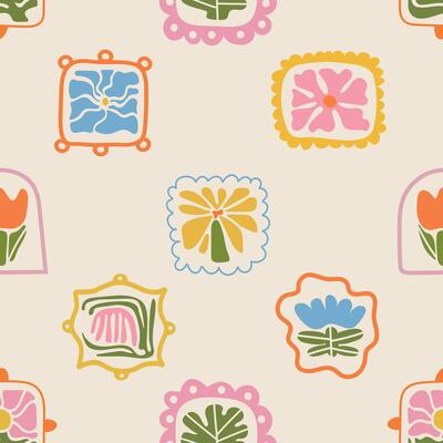 Bright seamless floral pattern in retro style. Geometric flower frame composition on a soft spring inspired background. Nature themed wallpaper design with colorful blossoms and natural textur