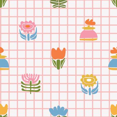 Seamless floral pattern with vibrant colors in retro style. Geometric flower arrangement on a vintage inspired background for spring themed prints, textile designs and natural decorative backdrops.