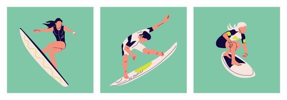 Surfer standing on surfboard. Set posters of happy surfers in beachwear with surfboards in sea or ocean on green background. Tropical hawaiian lifestyle. Colorful flat illustration. vector