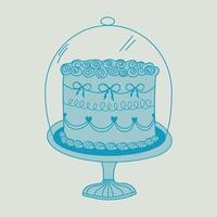 Cake with cream on a blue background. Retro style. Sweet tasty food. Hand drawn trendy. Coquette bakery item. Ideal for wedding, anniversary, valentine day vector