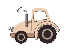 Minimalist Vintage Tractor Illustration for Kids. Tractor illustration in beige and brown with large tires and simple outlines on a white background vector