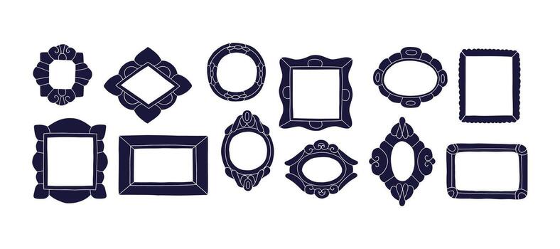 A set of geometric frame shapes including rectangles, circles, ovals, and diamonds. Stylish black outlines on a white background, perfect for graphic design, scrapbooking, and photo framing projects. vector