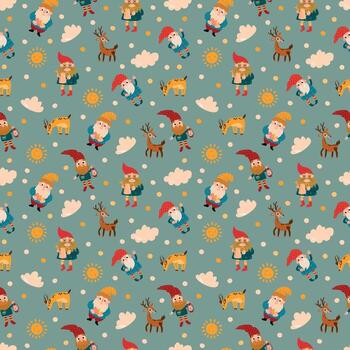 Gnomes, Deer, Sun, and Clouds Seamless Pattern. Endless textures for your design vector