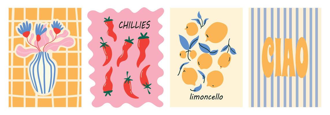 Set of abstract food posters with flowers in a vase lemon fruit and chili peppers. Whimsical wall art. Contemporary art prints in colorful italian style.