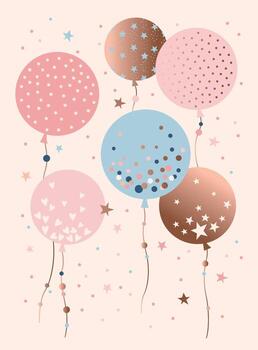 Cute pastel balloons with different patterns floating on soft pink backdrop vector