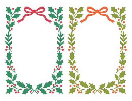 Christmas holly leaf border with red and orange ribbon on white background