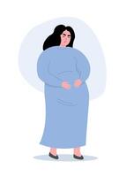Pregnant woman feels pain, discomfort, holds her belly with her hands. Female is expecting a child. flat graphics. vector